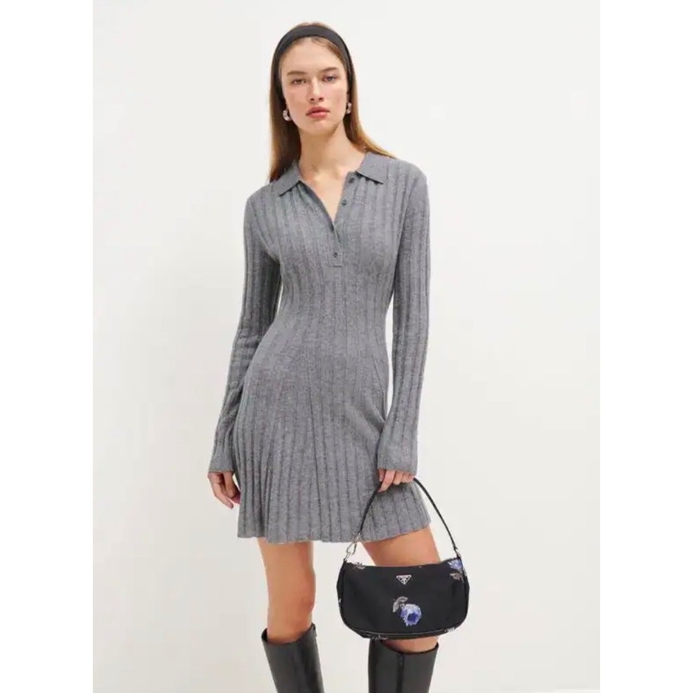 Reformation Walsh Cashmere Polo Collar Mini Dress Small Grey Ribbed Long Sleeve